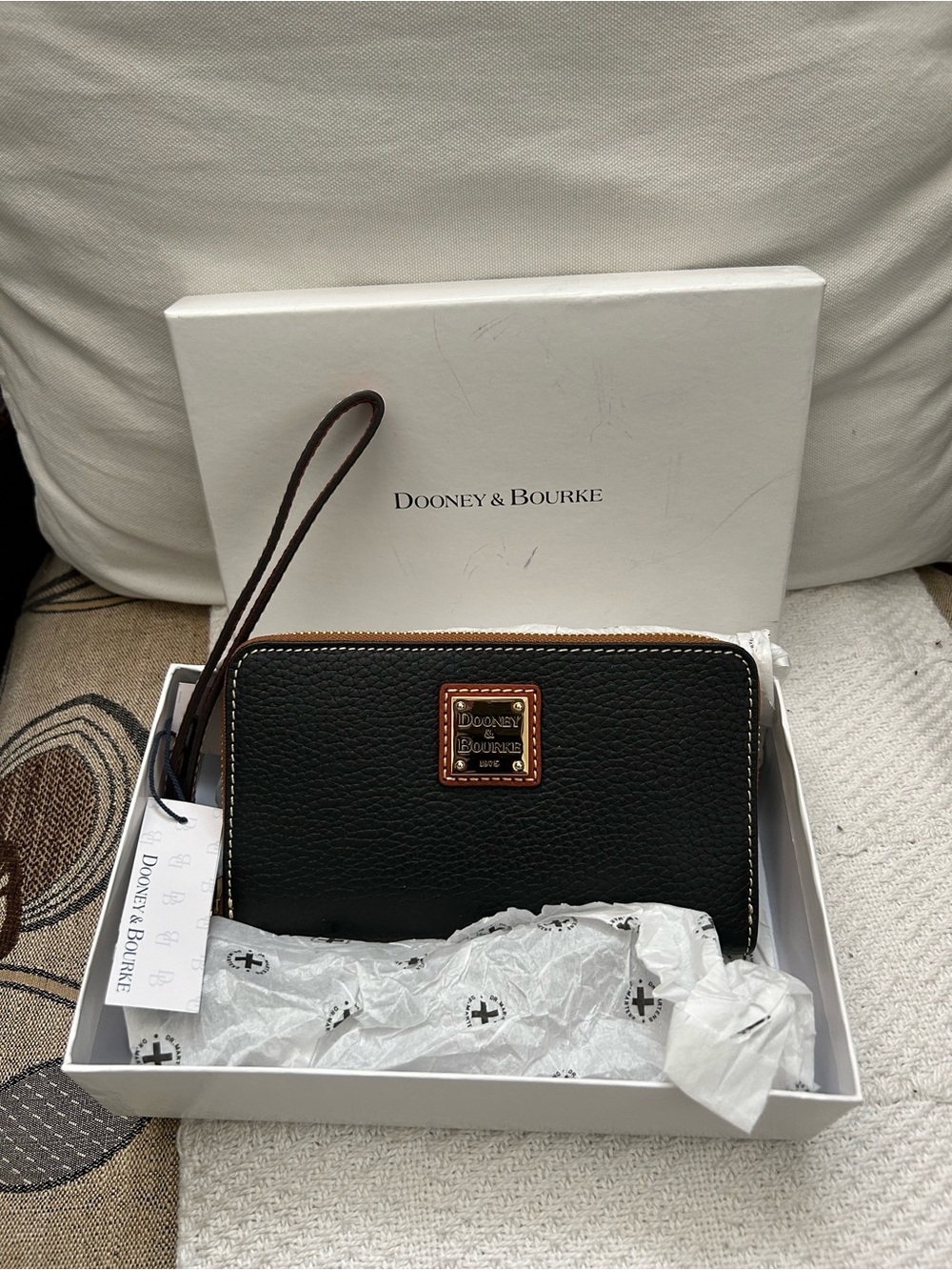 Dooney & Bourke Black Pebble Zip Wristlet Wallet with Brown Trim